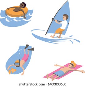 Various people in summer clothes are engaged in summer activities at sea