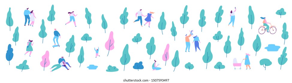 Various people at summer park horizontal banner. Leisure outdoor activities. Cartoon flat vector illustration.
