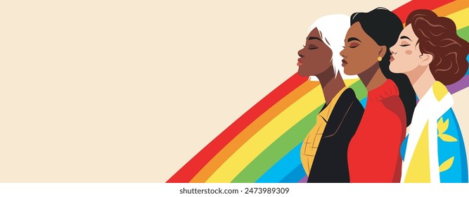 Various people supporting LGBT rights and movements, pride month, rainbow, women of different cultures and nationalities. Place for text, vector card, poster for website, parade, event