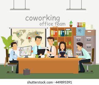 Various people talking and working at the computers in the open space office. Flat design style.