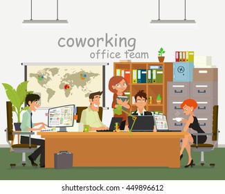 Various people talking and working at the computers in the open space office. Flat design style.