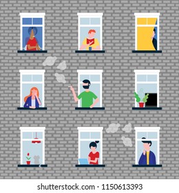 Various people in their windows behind brick wall characters flat style vector illustration. Neighbors as is that living in  apartments and do their deeds near windowsill seamless pattern