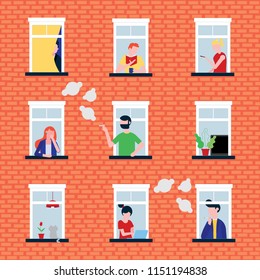 Various people in their windows behind brick wall characters flat style vector illustration. Neighbors as is that living in  apartments and do their deeds near windowsill seamless pattern