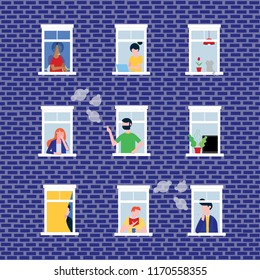 Various people in their windows behind brick wall characters flat style vector illustration. Neighbors as is that living in  apartments and do their deeds near windowsill seamless pattern