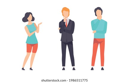 Diversas personas que piensan en tomar decisiones, hombres y mujeres desconcertados haciendo diferentes gestos de ilustración vectorial plana