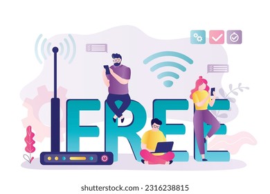 Varias personas utilizan tecnologías de conexión inalámbrica. Zona Wi-Fi gratuita. Fondo de comunicación. Dispositivos conectados en la red. Punto de acceso inalámbrico, enrutador con buena señal. vector plano