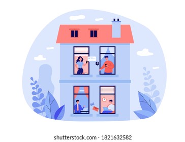 Varias personas usan dispositivos digitales en las ventanas. Portátil, smartphone, chat de ilustración vectorial plana. Alojamiento y concepto de barrio para banner, diseño de sitios web o página web de aterrizaje