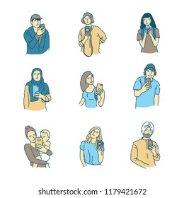 Various people using mobile phones for making mirror selfie. Hand drawn style vector doodle design illustration