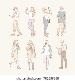 Various people using mobile phones hand drawn style vector doodle design illustrations.