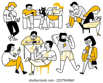 Various people using smartphone and social media, cellphone addiction concept. Cute character doodle style, outline, linear, thin line art, hand drawn sketch design. 