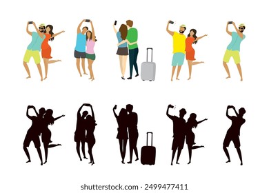 Various people using smartphones and taking selfies. Couples in love and singles with gadgets taking pictures. Set of simple human characters and silhouettes isolated on white background. flat vector