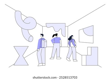 Various people view exhibition in Abstract art gallery. Visitors looking picture and sculpture. Flat vector illustration.