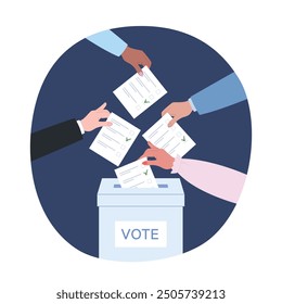 Various people vote. Election process. Various people insert ballots to ballot box. Democracy vote. Flat vector illustration