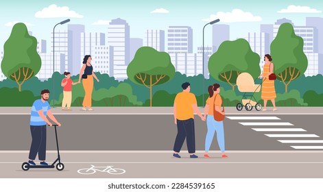 Various people are walking along the footpaths near the park. Walks in the fresh air. Vector illustration