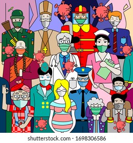 Various people wearing protective mask for fighting Coronavirus disease awareness Covid-19. Doctors, nurses, teachers, monks, air hostess, firefighters, police, soldiers, bishop, pregnant and family.