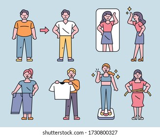 Various people who have succeeded in losing weight. flat design style minimal vector illustration.
