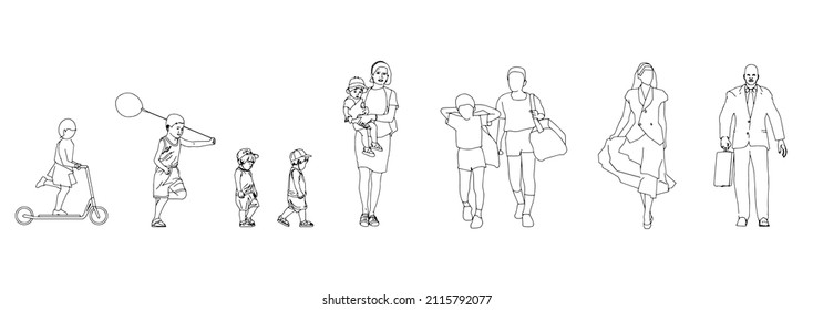 
Various people, woman in dress, playing children.