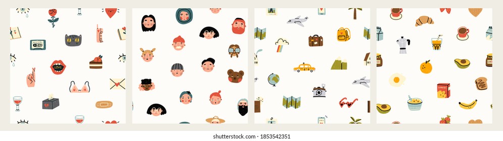 Various people's faces, tasty food, travel, love, romance. Different icons and logos. Cute hand drawn trendy vector illustrations. Cartoon style. Flat design. Set of four Seamless patterns