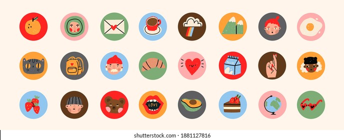 Various people's faces, tasty food, travel, love, romance. Different Round Icons. Cute hand drawn trendy Vector illustrations. Cartoon style. Flat design. Social media stories or avatar template