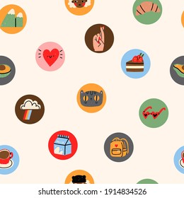 Various people's faces, tasty food, travel, love, romance. Different Round Icons. Hand drawn Vector seamless Pattern. Background, wallpaper. Cartoon style. Perfect for textile prints