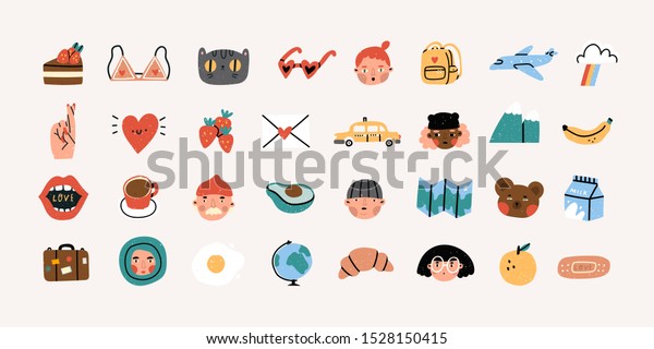 Various people\'s faces, tasty food, travel,\
love, romance. Different icons and logos. Cute hand drawn trendy\
vector illustrations. Cartoon style. Flat design. Naive art. All\
elements are isolated