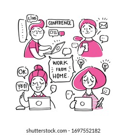 Diversas personas trabajan desde el evento doméstico porque brote de virus, ilustración vectorial.