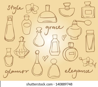 Various perfume bottles drawings set