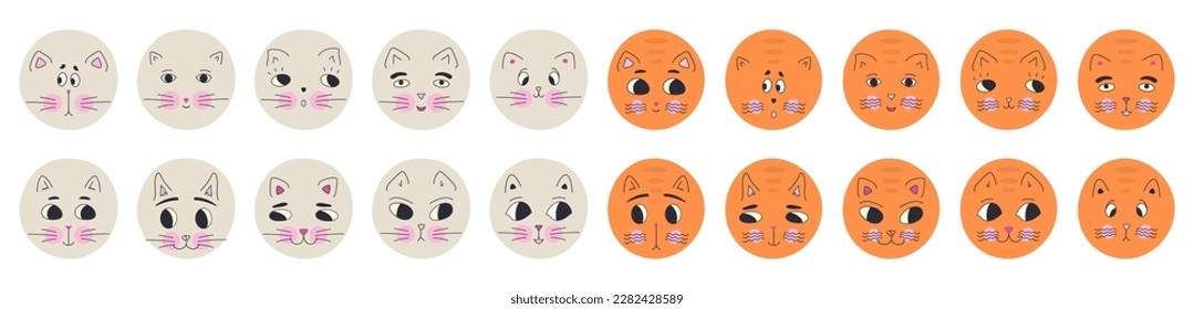 Various personages, black eyes cats. Social media, diverse mood, kitten drawing. For wrapping paper, textile, branding
