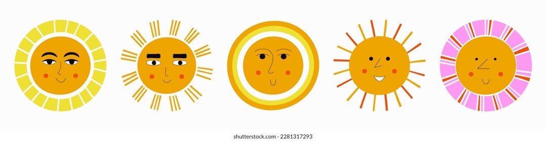 Various personages, happy suns. Emoji icons, diverse impressions, children summer concept. Design for stationery, branding
