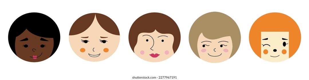 Various personages, pretty girlish faces. Colorful avatars, different impressions, female appearance. Design for stationery, branding
