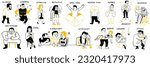 Various personality traits, cute character illustration doodle style, sluggish, cheerful, attractive, repulsive, bad-tempered, cool, extrovert, introvert, arrogant, stingy, generous.