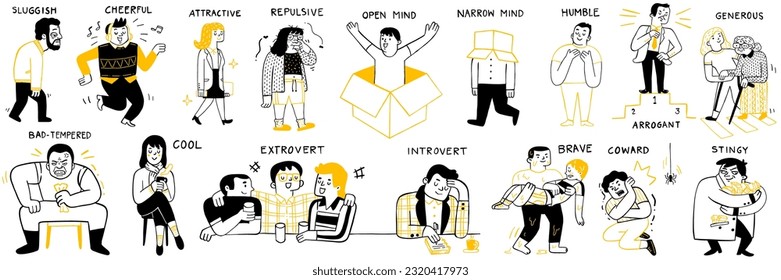 Verschiedene Persönlichkeitsmerkmale, süßer Zeichentrickstil, schlampig, fröhlich, attraktiv, abstoßend, unruhig, kühl, extrovert, introvertiert, arrogant, geizig, großzügig.