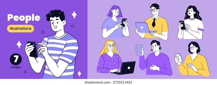Various persons holding devices, using smartphones, laptops. Business activities vector illustration.