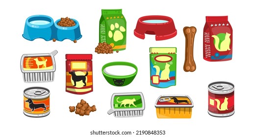 Various pet food cartoon illustration set. Packages of dry and wet canine and feline food. Bowl of milk and water for dog or cat. Pet shop, domestic animal, care concept