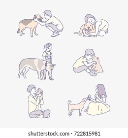 various pet with people character line drawing vector illustration flat design