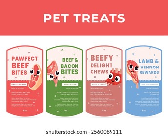 Various pet treat labels showcase a range of flavors, including beef chunks, bacon bits, and lamb treats. Each label highlights the ingredients and nutritional benefits for pets.