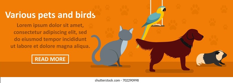 Various pets and birds banner horizontal concept. Flat illustration of various pets and birds banner horizontal vector concept for web