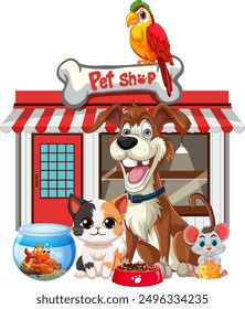 Various pets in front of a pet shop