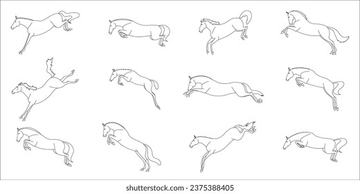 Various phases of a horse jumping on freedom, line vector illustration