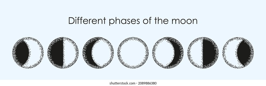 various phases of the waxing and waning moon in a vintage halftone style. astrology and space concept. vector illustration isolated on white background
