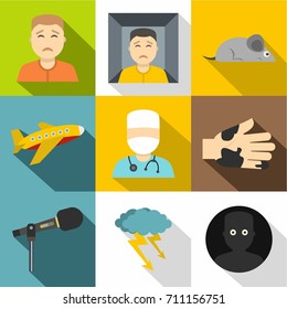 Various phobias icon set. Flat style set of 9 various phobias vector icons for web design