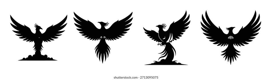 various phoenix silhouettes isolated on white background