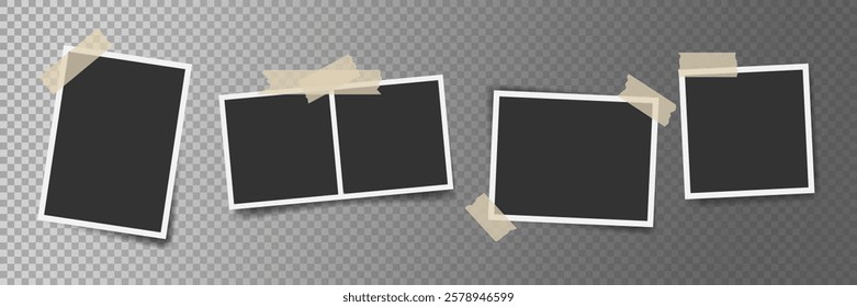 Various Photo frames with adhesive tape on transparent background. Fixed Blank photo cards template. Great for creative design, photo collage presentation, social media