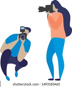 Various photographers holding photo camera and photographing. Creative profession or occupation. Cute female and male cartoon characters take photo shot Colored vector illustration flat style on white