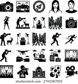 Various photography related vector graphics showing experts in action with different subjects and equipment settings.
