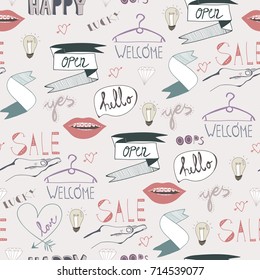 Various phrases and doodle objects. Hand drawn lettering. Design elements. Vector seamless pattern. Beige background