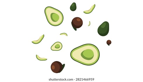 various pieces of fresh green avocado including halves slices and pits isolated on white background natural healthy food