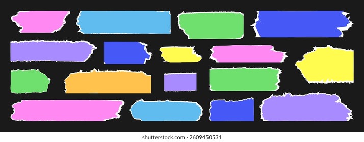 Various pieces of rumpled paper in colorful shades arranged on a dark background showcasing texture and torn edges