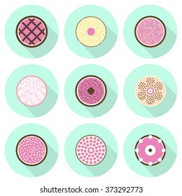 Various pies, cakes and tarts flat icon set in pastel tones