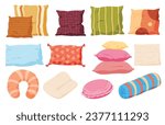 Various pillows. Colored and soft pillows. Resting in bed on the sofa. Warm cozy pillows. Vector illustration